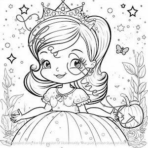May include: A black and white line drawing of a princess wearing a crown and a dress. She is holding a pumpkin in her right hand. There are stars and a butterfly in the background.