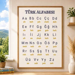 May include: A rectangular wall poster titled TÜRK ALFABESI featuring the Turkish alphabet in dark blue letters on a cream background. Each letter is paired with its phonetic pronunciation in gold text, arranged in a grid format within a wooden frame.