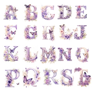 Letras do alfabeto inglês em aquarela em cores violetas com flores para scrapbooking, para projetos gráficos, letras roxas | Alfabeto Floral
