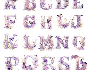 Watercolor English Alphabet Letters in Violet Colors with Flowers  For Scrapbooking, for Graphic Projects, Purple Letters| Floral Alphabet