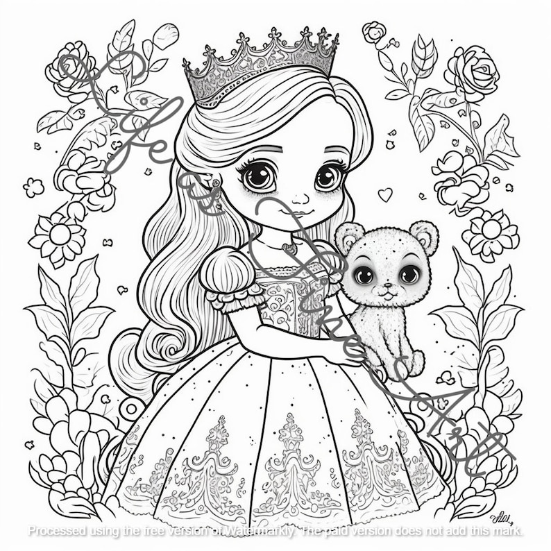 May include: A black and white line drawing of a princess wearing a crown and a dress with a bear cub. The princess has long hair and large eyes. The drawing is surrounded by flowers and leaves.