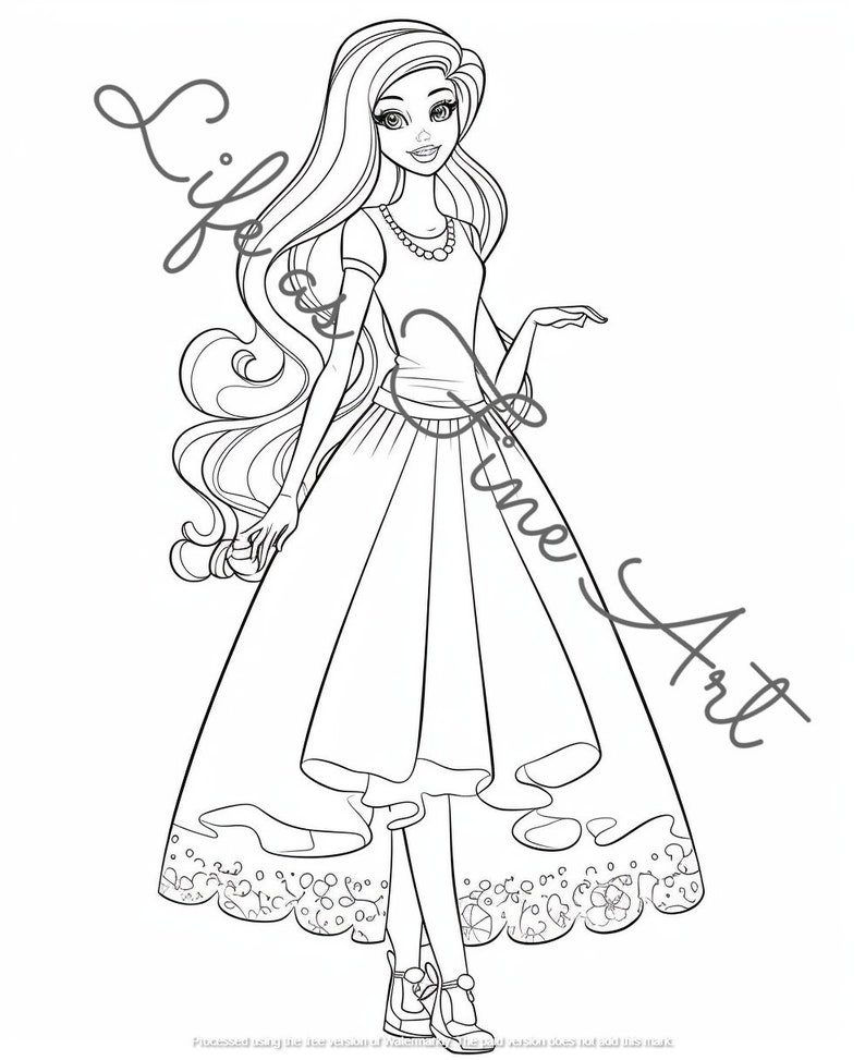 May include: A black and white line drawing of a woman with long flowing hair wearing a dress with a lace trim. She is smiling and has her hand raised.