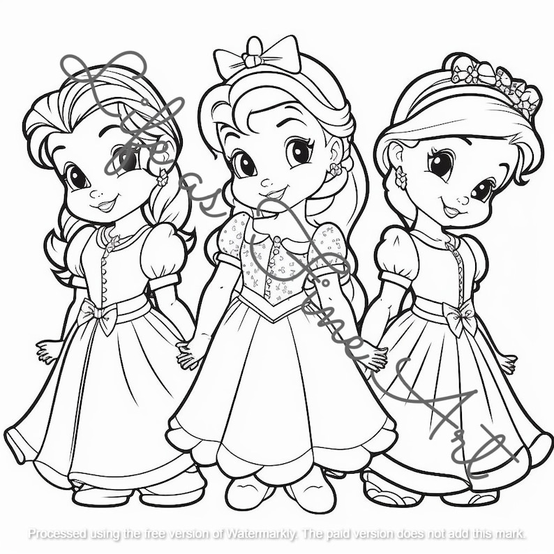 May include: A black and white line drawing of three princesses wearing dresses and holding hands. The princesses are Snow White, Cinderella, and Rapunzel.