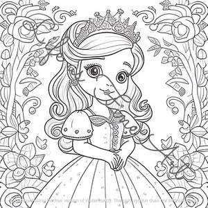 May include: A black and white line drawing of a princess wearing a crown and a dress. She is surrounded by flowers.