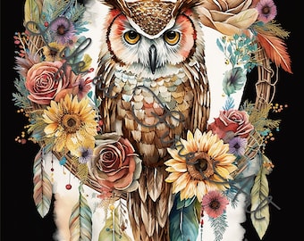 Watercolor Boho Owls Clipart with Boho Flowers, Dreamcatcher & Boho Feathers - in PNG format instant download for commercial use