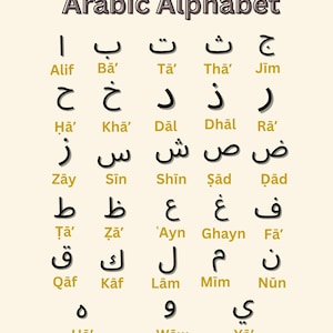 Può includere: Un poster intitolato Arabic Alphabet che mostra l'alfabeto arabo completo in inchiostro nero. Ognuna delle ventotto lettere è disposta in una griglia, accompagnata dal nome corrispondente in testo color oro scritto in alfabeto latino.
