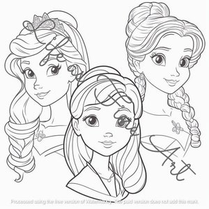 May include: A black and white line drawing of three princesses with long hair. The princesses are looking at the viewer. The princess on the left has a crown on her head. The princess in the middle has a necklace. The princess on the right has a braid in her hair.