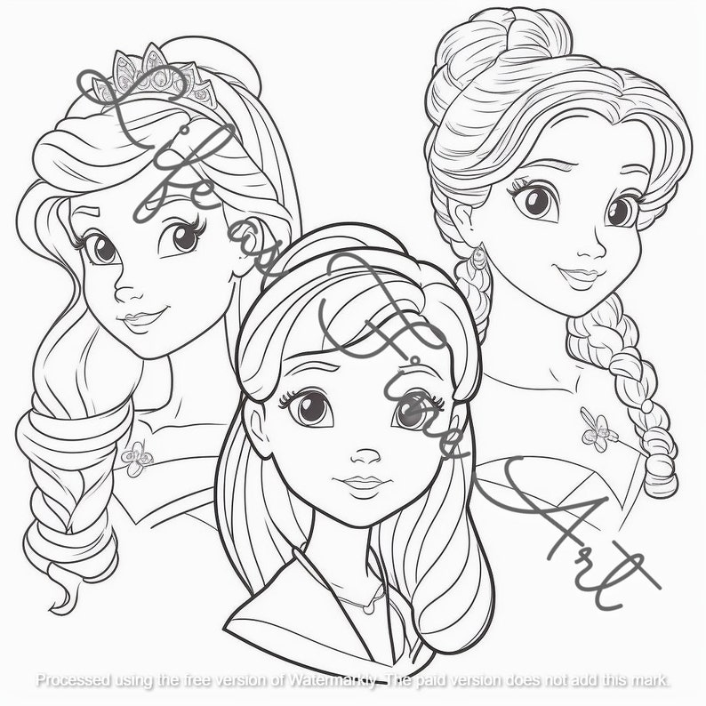 May include: A black and white line drawing of three princesses with long hair. The princesses are looking at the viewer. The princess on the left has a crown on her head. The princess in the middle has a necklace. The princess on the right has a braid in her hair.