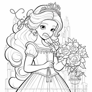 May include: A black and white line drawing of a princess wearing a crown and holding a bouquet of roses. She is wearing a long dress with a bodice and a skirt. The background is a cityscape.