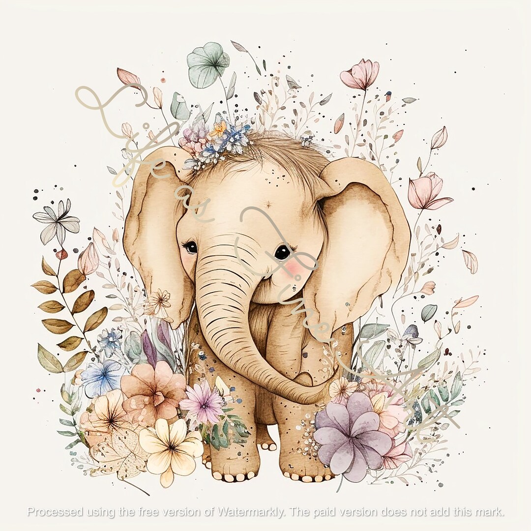 Cute Boho Kawaii Baby Elephant & Boho Flowers, Nursery Wall Art Instant ...