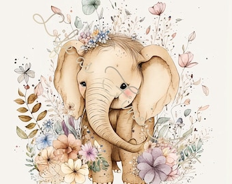 Cute Boho Kawaii Baby Elephant & Boho Flowers, Nursery Wall Art | Instant Download High-Quality Image for Wall Art or any commercial use