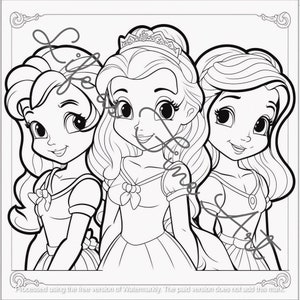 May include: A black and white colouring page featuring three cartoon princesses with long hair and elaborate dresses. The princesses are smiling and looking at the viewer. 