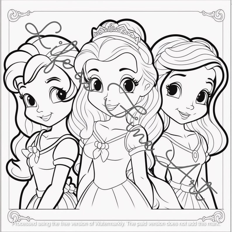 May include: A black and white colouring page featuring three cartoon princesses with long hair and elaborate dresses. The princesses are smiling and looking at the viewer. 