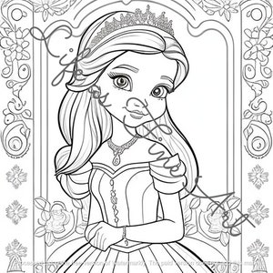 May include: A black and white line art colouring page featuring a princess with a crown, long hair, and a gown. The princess is surrounded by floral designs.
