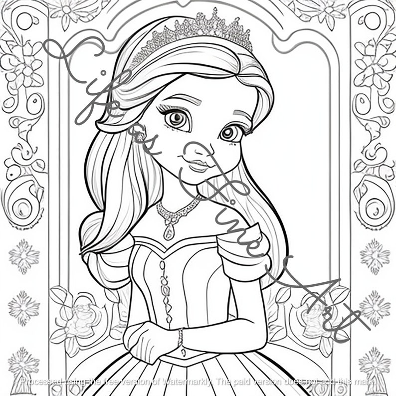 May include: A black and white line art colouring page featuring a princess with a crown, long hair, and a gown. The princess is surrounded by floral designs.