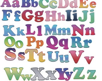 May include: A set of uppercase and lowercase letters in a variety of colours. Each letter has a gradient effect, blending from one colour to another. The letters are arranged on a white background, creating a bright and cheerful display.
