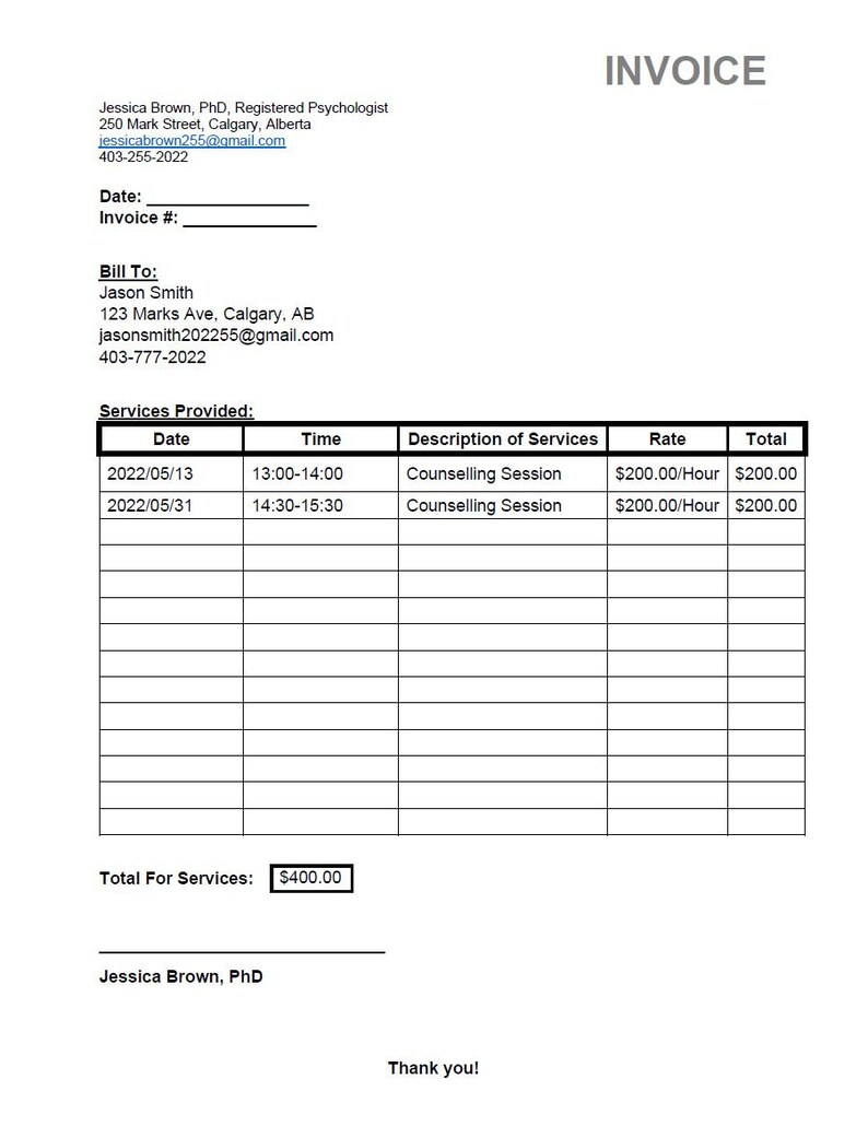 Editable Private Practice Service Invoice Template, Professional Hourly ...