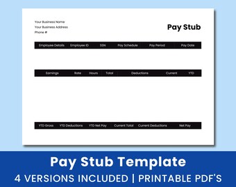 Blank Pay Check Stub Template. Printable PDF. Downloadable. - Etsy