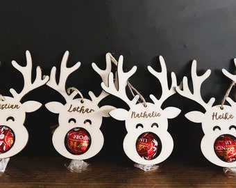 Personalized chocolate reindeer holder, reindeer noses, wooden reindeer Christmas tree, souvenir, small gift, Christmas present