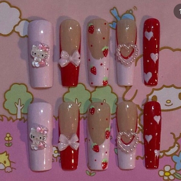 Ongles longs luxe kawaii roses et rouges, coeurs roses et rouges