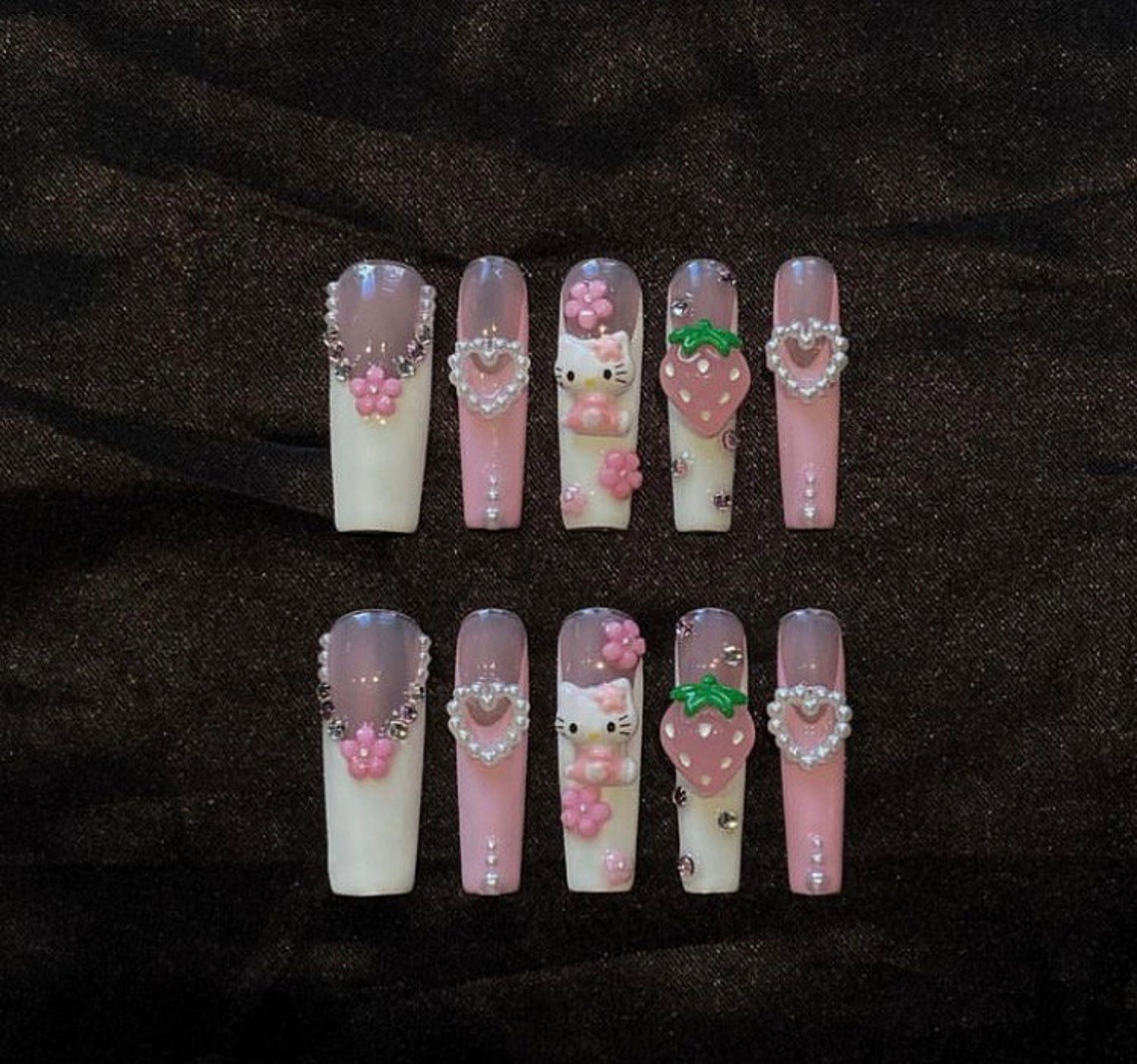 Pink Kitty Kawaii Strawberry French Tip Press on Nails - Etsy