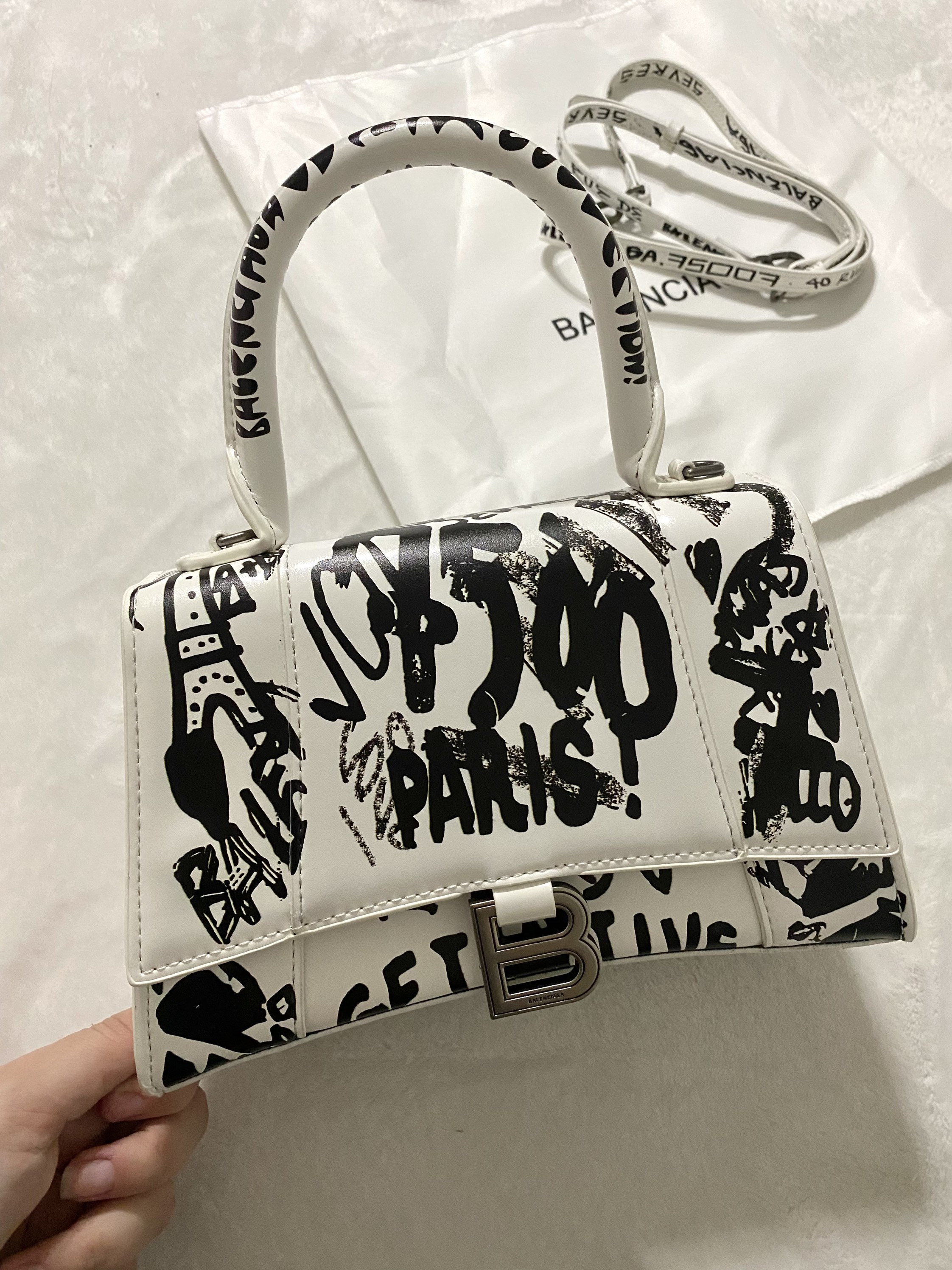 Balenciaga Calfskin Graffiti Hourglass Top Handle Bag XS White 