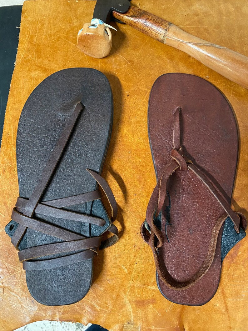 Dark Brown and Tan Sandals side by side