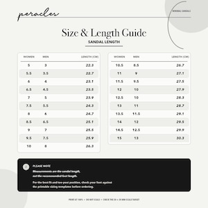 Pode incluir: Uma tabela informativa branca intitulada Size & Length Guide para sand&aacute;lias, apresentando duas colunas de dados que comparam os tamanhos de cal&ccedil;ado com o comprimento da sand&aacute;lia em cent&iacute;metros, com um rodap&eacute; preto contendo instru&ccedil;&otilde;es.