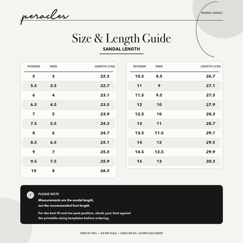 Pode incluir: Uma tabela informativa branca intitulada Size & Length Guide para sand&aacute;lias, apresentando duas colunas de dados que comparam os tamanhos de cal&ccedil;ado com o comprimento da sand&aacute;lia em cent&iacute;metros, com um rodap&eacute; preto contendo instru&ccedil;&otilde;es.