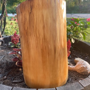 Può includere: Un tronco di legno cilindrico con una superficie liscia e lucida di colore marrone chiaro, che mostra venature verticali naturali e sottili striature scure. Il legno ha una finitura lucida e un bordo superiore piatto, posizionato in verticale.