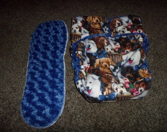 Adult Cloth Diaper, A Collage of Puppies  Blue Swirl Minky