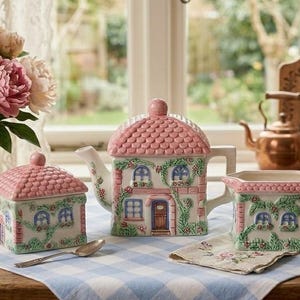 May include: A ceramic tea set comprising a teapot, a sugar bowl and a creamer, each modelled as a small cottage with a pink tiled roof, white walls, blue windows and green climbing vines. The set is displayed on a blue and white gingham cloth.