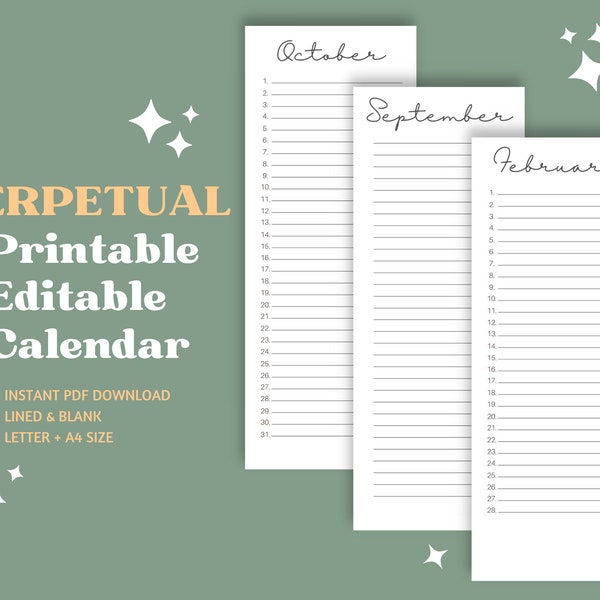 Printable + Editable Perpetual Calendar Planner | Instant Download | Letter Size & A4 | Birthday Calendar