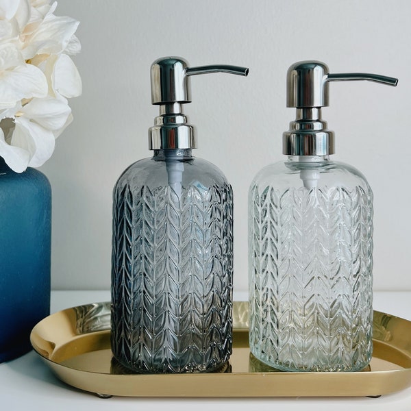 2-PACK Soap Dispenser for Bathroom or Kitchen | Refillable Glass Bottle | Stainless Steel Pump | Liquid Dish Soap, Sanitizer, Lotion | 15 Oz