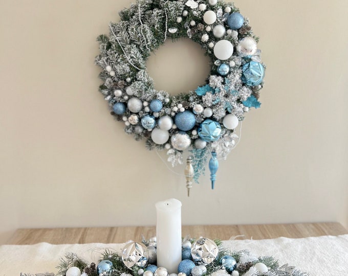 Christmas Table Centerpiece, Blue Silver Centerpiece, Christmas Candle