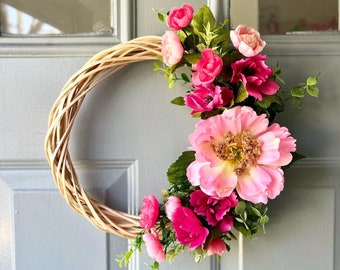 Spring wreath, summer wreath,  pink peonies and roses wreath