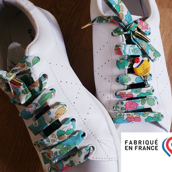 Lacets en tissu Liberty, motifs Betsy Capel Wiltshire, lacets chaussures, baskets, stan smith, veja, tons bleu vert turquoise