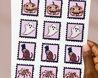Halloween Sticker Sheet Junk Journal Happy Mail Vintage Postage Stamp Planner Black Cat Ghost Decoration Scrapbook Supply Autumn Craft