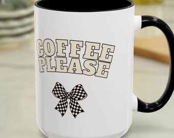 Ceramic Coffee Mug Coffee Lover Gift Idea Kitchen Accessory Cup White Checkered Bow Design Black Interior Microwave Safe Dishwasher Friendly