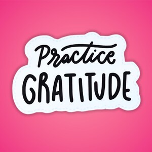 Puede incluir: Pegatina blanca con texto negro que dice "Practice Gratitude" sobre un fondo rosa.