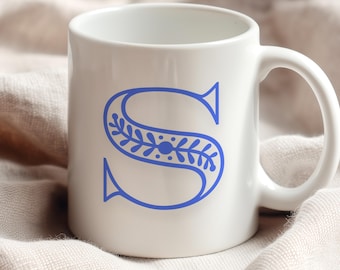 Taza de café con monograma, inicial personalizada, regalo de cerámica con diseño floral, taza con nombre del alfabeto personalizado, vajilla, regalo de cumpleaños, recuerdo para damas de honor