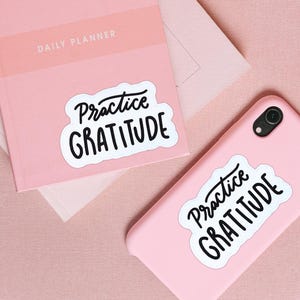 Puede incluir: Dos art&iacute;culos rosas con las palabras "Practice Gratitude" escritas en negro sobre pegatinas blancas. Las pegatinas est&aacute;n en una agenda diaria rosa y una funda de tel&eacute;fono rosa.