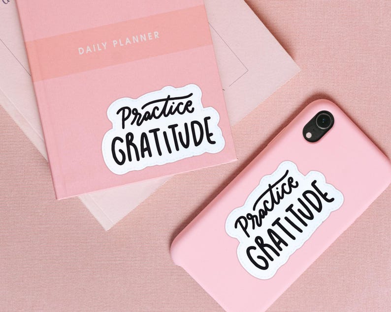 Puede incluir: Dos art&iacute;culos rosas con las palabras "Practice Gratitude" escritas en negro sobre pegatinas blancas. Las pegatinas est&aacute;n en una agenda diaria rosa y una funda de tel&eacute;fono rosa.