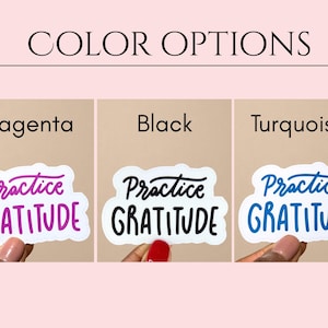 Puede incluir: Tres opciones de pegatinas para "Practica la gratitud" en magenta, negro y turquesa.