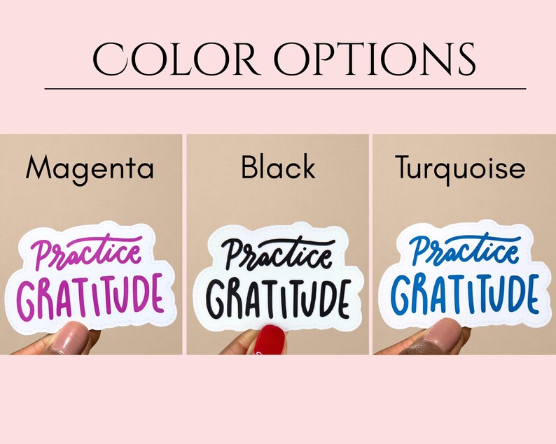 Puede incluir: Tres opciones de pegatinas para "Practica la gratitud" en magenta, negro y turquesa.