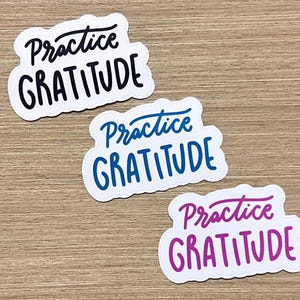 Puede incluir: Tres pegatinas blancas con bordes redondeados. Cada pegatina tiene la frase "Practice Gratitude" escrita en una fuente manuscrita. Las pegatinas son de color negro, azul y morado.