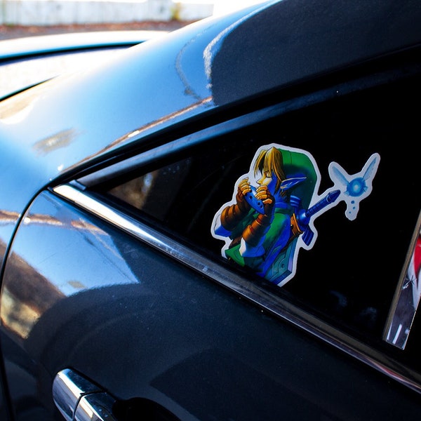 The Legend Of Zelda Link Playing the Ocarina of Time with Navi Car Peeker Sticker 5x6 In Decal Glossy Waterproof for Laptops, Windows, etc..