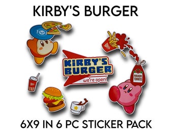 Kirby's Burger 6x9In Sticker Pack 6 PC Holographic/Glossy Waterproof Vinyl Stickers for Laptops, Skateboards, Water Bottles, Etc...