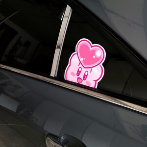 Classic Kirby Holding Heart Peeker Sticker 5x5 In Decal Glossy Waterproof for Laptops, Phone, Skateboard, Water Bottles, Cars, Windows