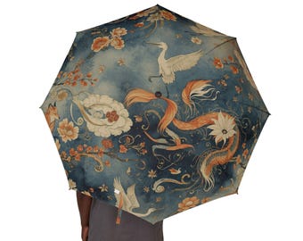 鯉と鶴の模様の傘｜アジア風の花柄レインアクセサリー